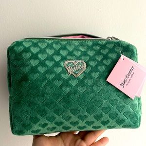 Juicy Couture Travel Cosmetic Bag Makeup Organizer Velvet Green Hearts Pattern